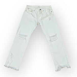 NSF, White Distressed Denim Straight Leg Jeans Raw Cut Hem, Women’s 28
